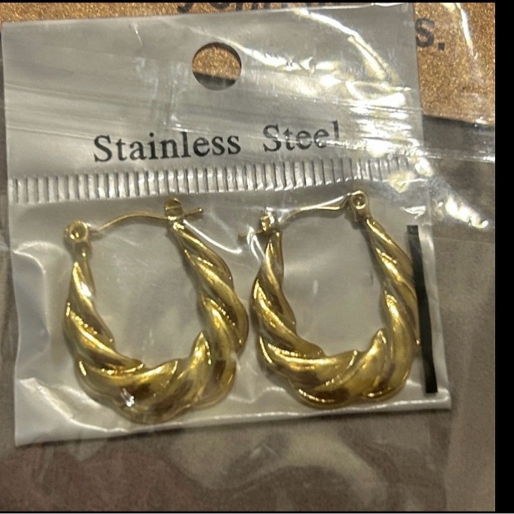 Gold Toned Twisted Hoop Earrings - Stainless Steel
